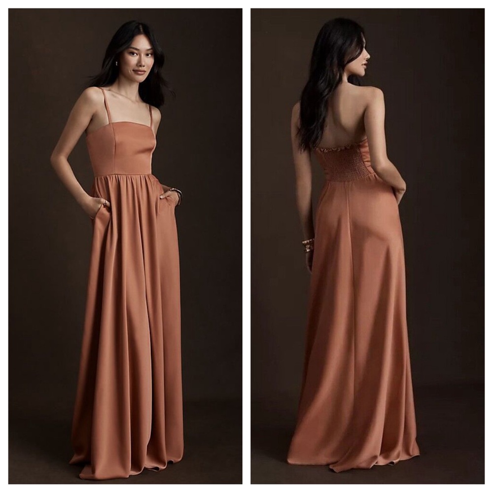 NWT Anthropologie BHLDN Elsie Straight-Neck Satin A-Line Gown In Sedona